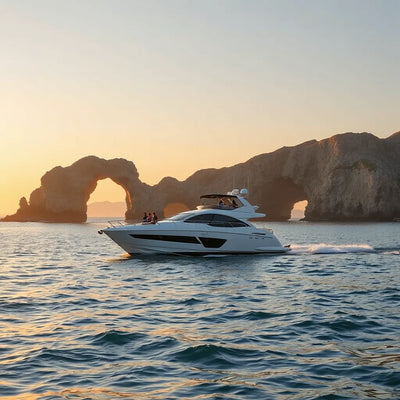 A yacht cruises near four natural sea arches along a calm coastline at golden hour.