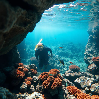 Snorkeler hovering above a sheltered coral patch with colorful reef fish in clear water