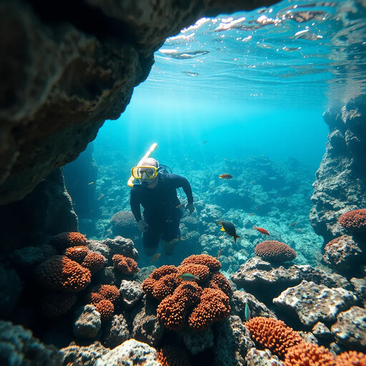 Snorkeler hovering above a sheltered coral patch with colorful reef fish in clear water