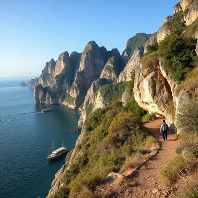 Hikers on a coastal trail with limestone cliffs and ocean views in Hong Kong