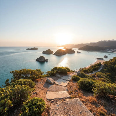 Turquoise cove and a winding coastal trail in Sai Kung with distant hills at sunset