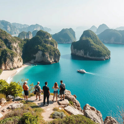 View from a coastline over limestone rock formations and turquoise water, with a small boat in the distance