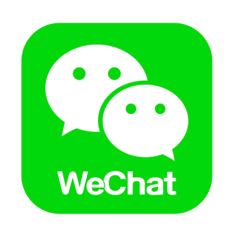 WeChat app icon featuring two overlapping white speech bubbles with small black eyes inside a bright green rounded square, with the text 'WeChat' in white below.
